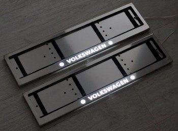 Светящаяся рамка Volkswagen (Фольцваген) для номера из нержавеющей стали со светящейся надписью